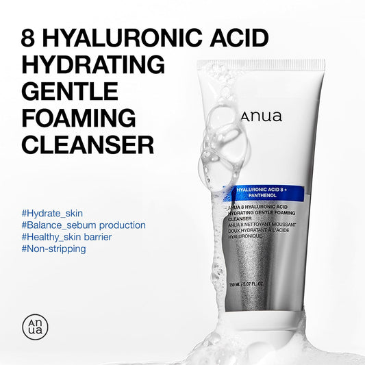 ANUA Hydrating Gentle Foaming Cleanser, Hyaluronic Acid, Glycerin, Zinc, Panthenol, Korean Face Wash for Dry Skin, for Double Cleansing, Korean Skincare (150ml/5.07fl oz.)