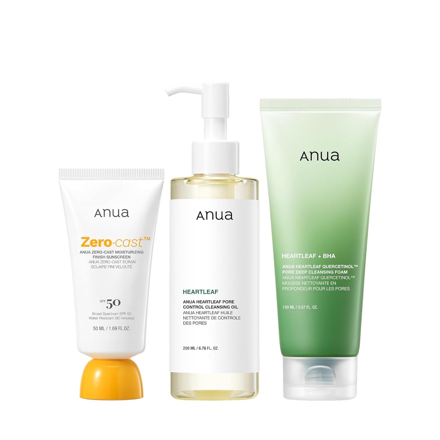 Anua After sun care trio set, Heartleaf Cleansing Foam+ Zero-Cast Moisturizing Finish Sunscreen, Heartleaf Pore Control Cleansing Oil, Face wash, Oil Cleanser, Facial sunscreen, Korean skincare set