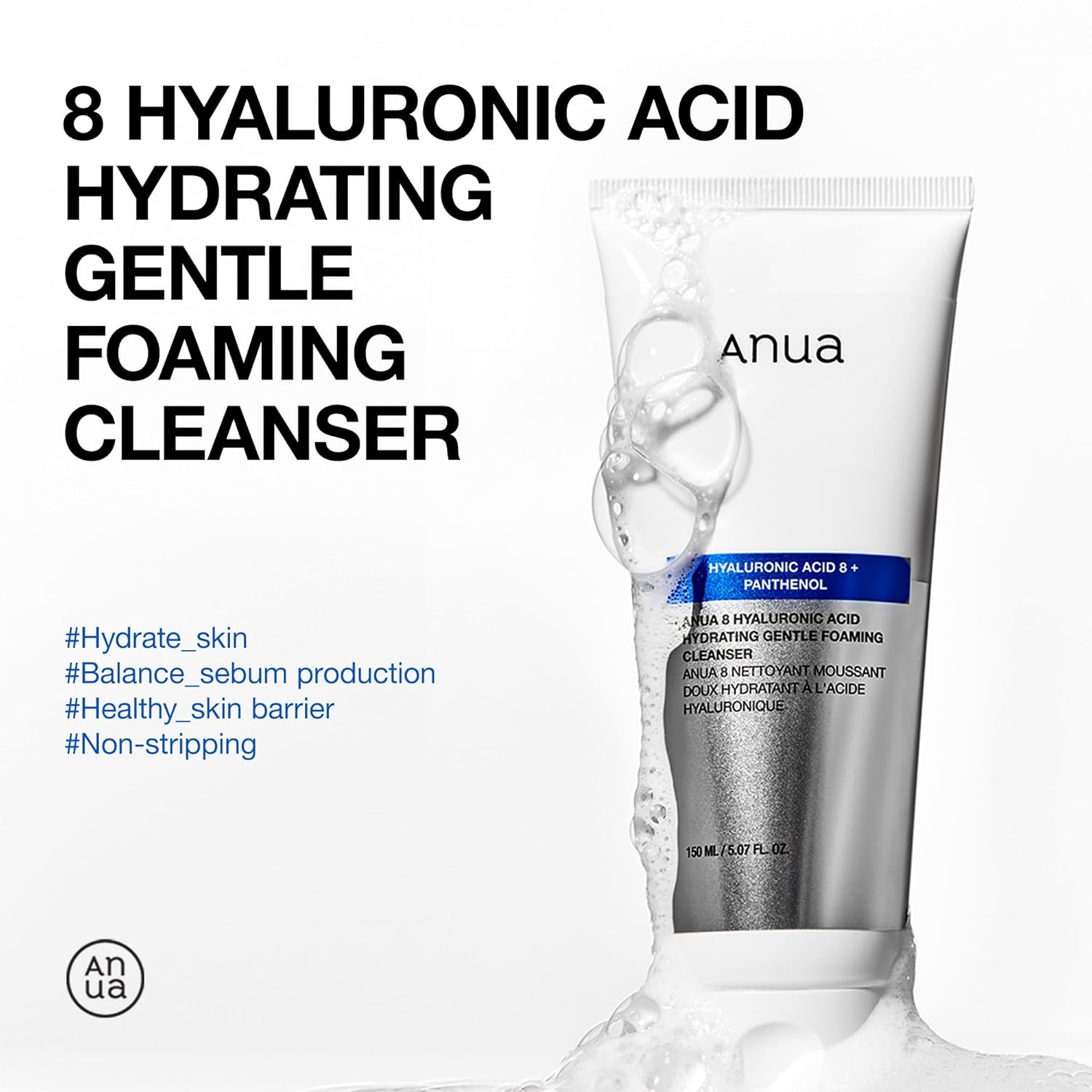 ANUA Hydrating Gentle Foaming Cleanser, Hyaluronic Acid, Glycerin, Zinc, Panthenol, Korean Face Wash for Dry Skin, for Double Cleansing, Korean Skincare (150ml/5.07fl oz.)