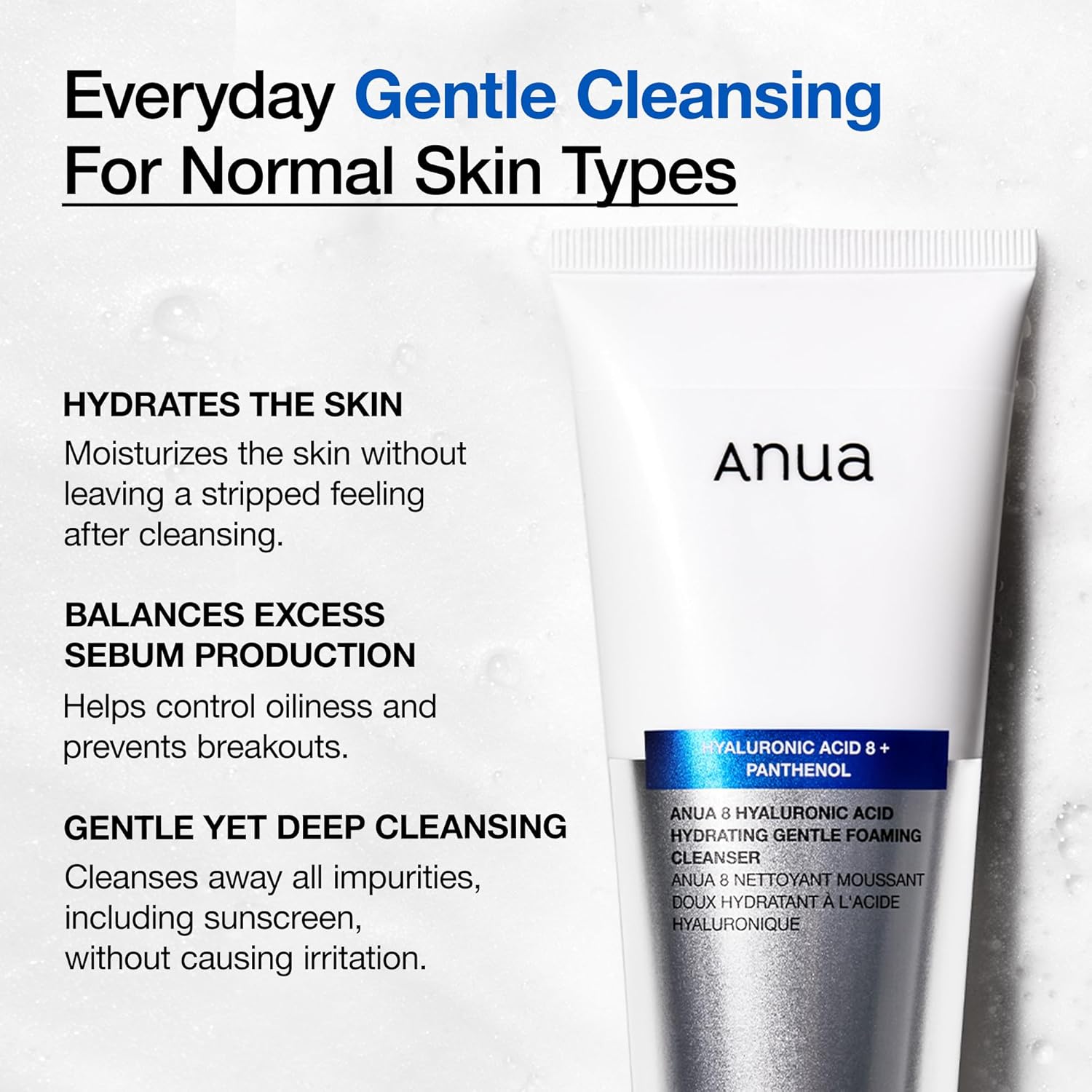 ANUA Hydrating Gentle Foaming Cleanser, Hyaluronic Acid, Glycerin, Zinc, Panthenol, Korean Face Wash for Dry Skin, for Double Cleansing, Korean Skincare (150ml/5.07fl oz.)